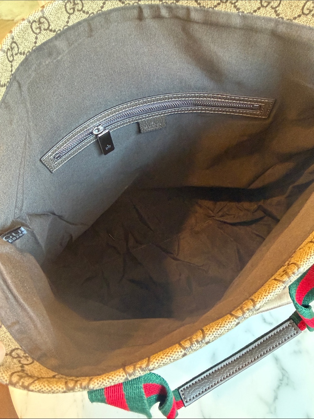 “Gucci” Beige GG Canvas Tote with Green and Red Web Straps - Picture 7 of 11